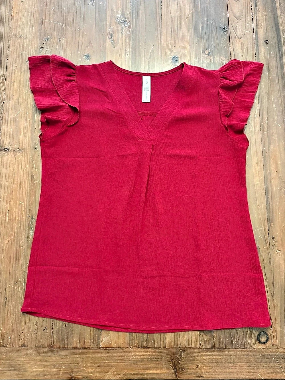 Bebonnie Crimson Red Crinkle Pleated V-Neck Flutter Sleeve Blouse L